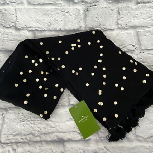 NWT Kate Spade Confetti Dot Foil Scarf Black Gold Metallic oblong fringe - Picture 4 of 7